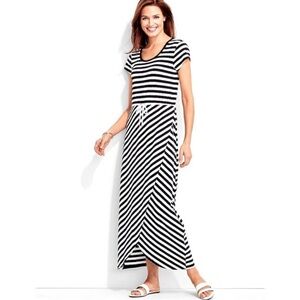 Talbots Black and White Striped Maxi Dress Medium drawstring waist wrap skirt